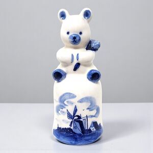 Vintage Delft Blue Teddy Bear Bell Handle 4.5" Blue & White Ceramic Windmill